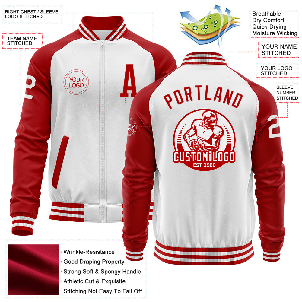 Custom White Red Bomber Varsity Letterman Two Tone Zipper Jacket view 4