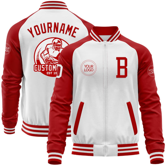 Custom White Red Bomber Varsity Letterman Two Tone Zipper Jacket - Main View