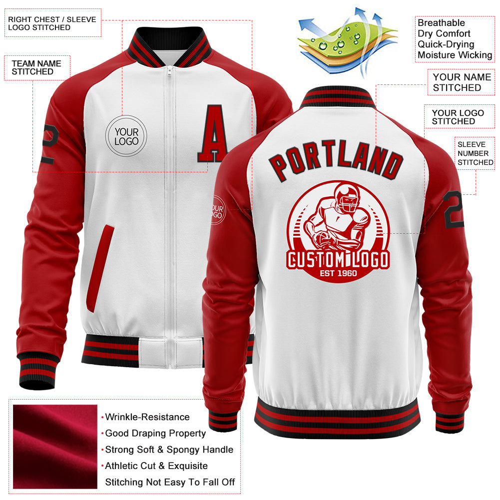 Custom White Black-Red Bomber Varsity Letterman Two Tone Zipper Jacket view 4