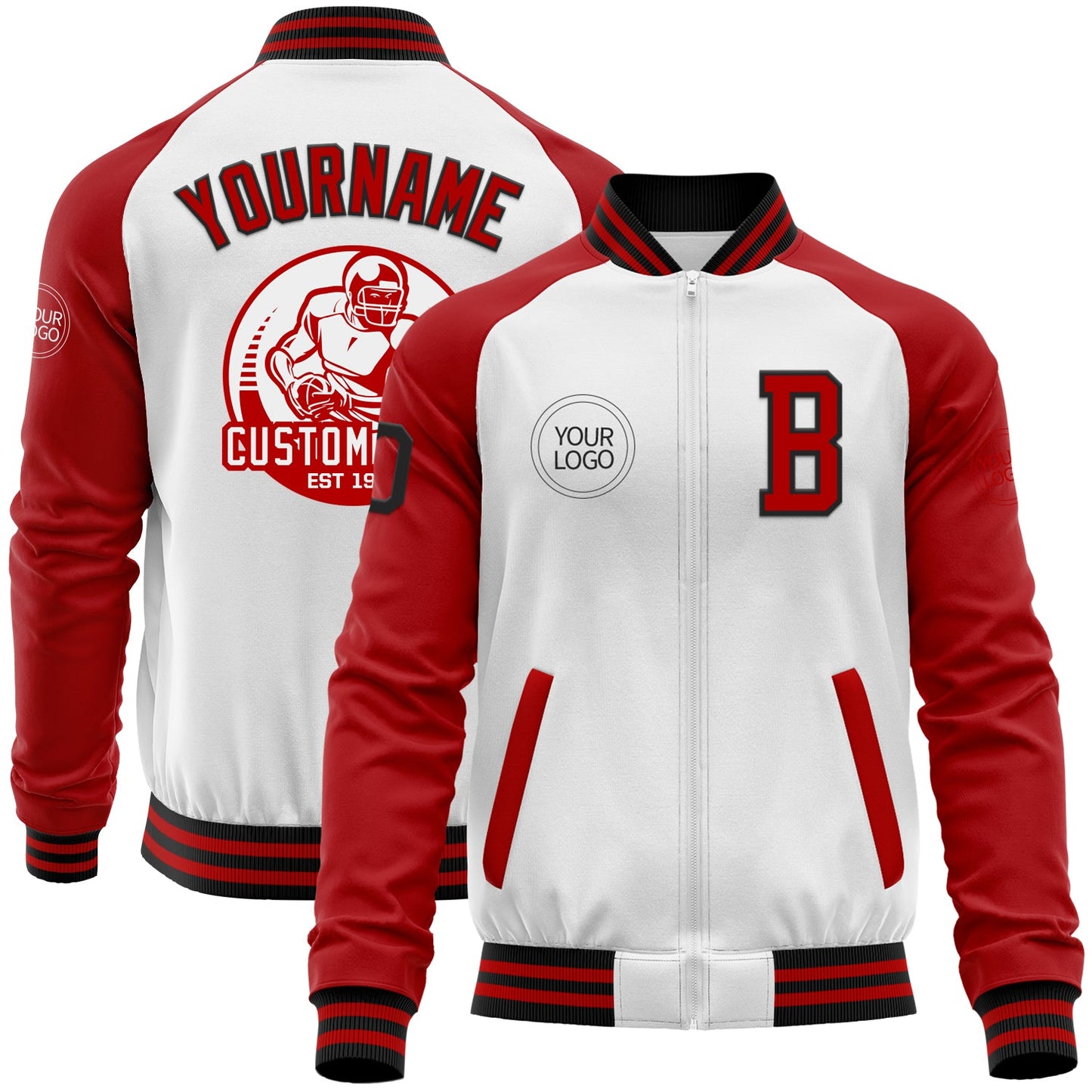 Custom White Black-Red Bomber Varsity Letterman Two Tone Zipper Jacket - Main View