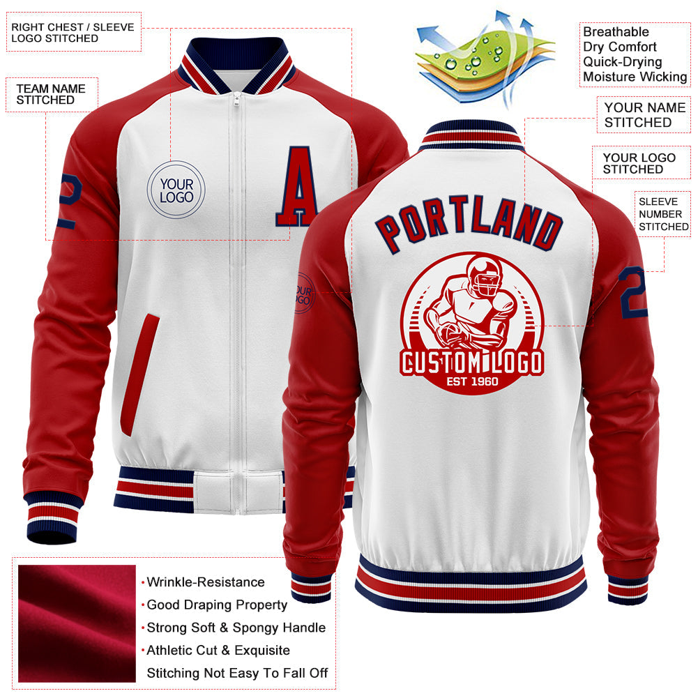 Custom White Navy-Red Bomber Varsity Letterman Two Tone Zipper Jacket view 4