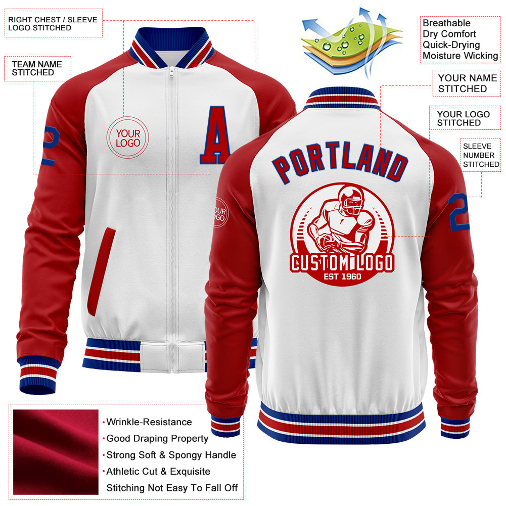 Custom White Royal-Red Bomber Varsity Letterman Two Tone Zipper Jacket view 4