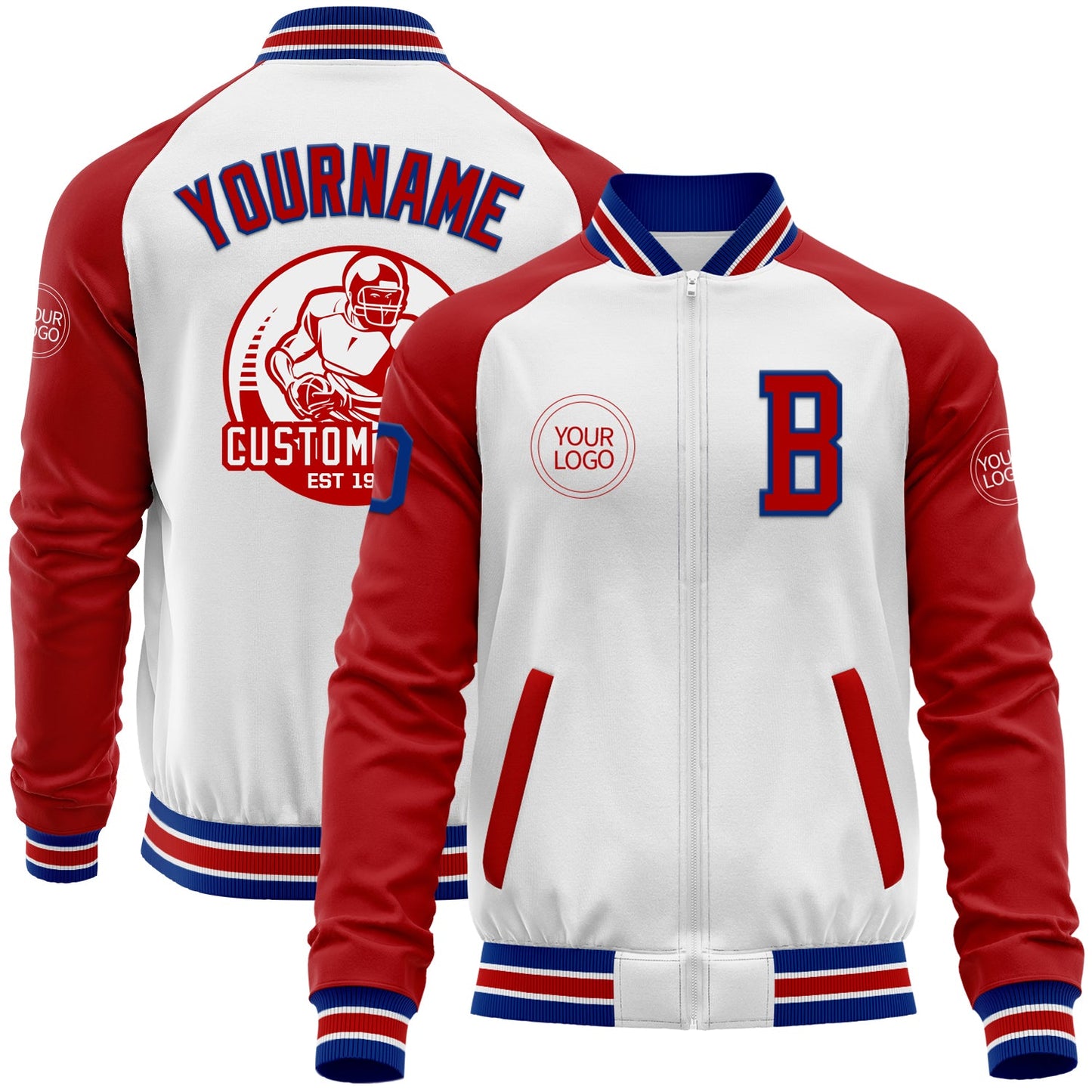 Custom White Royal-Red Bomber Varsity Letterman Two Tone Zipper Jacket - Main View