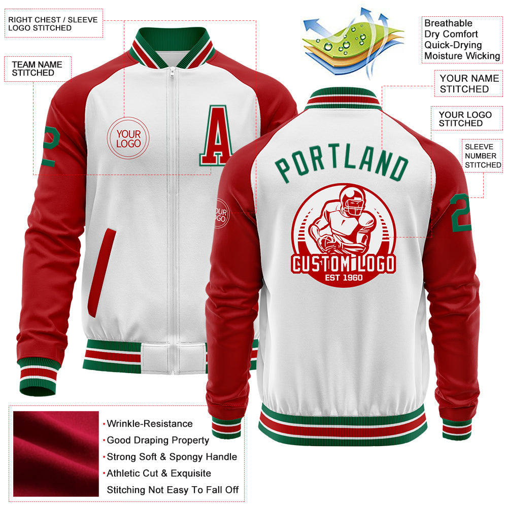 Custom White Kelly Green-Red Bomber Varsity Letterman Two Tone Zipper Jacket view 4