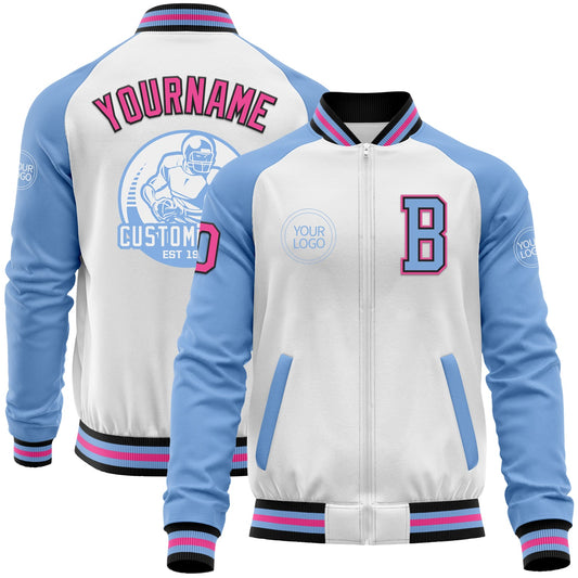 Custom White Pink Black-Light Blue Bomber Varsity Letterman Two Tone Zipper Jacket - Main View