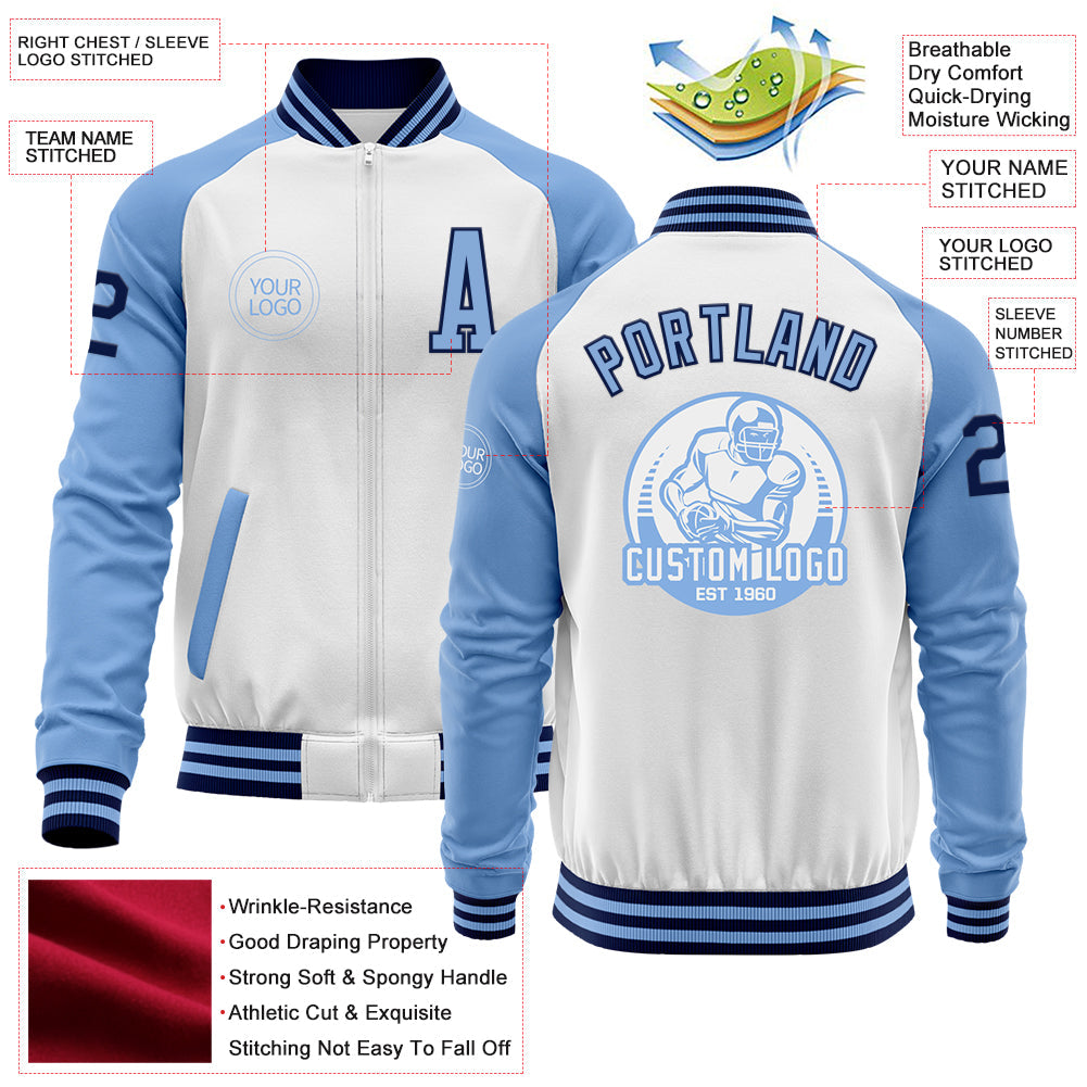 Custom White Navy-Light Blue Bomber Varsity Letterman Two Tone Zipper Jacket view 4