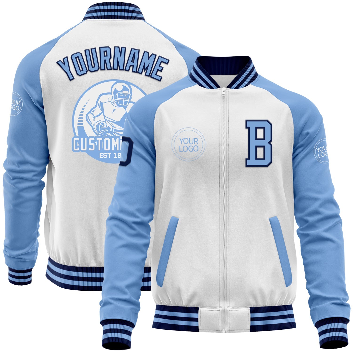 Custom White Navy-Light Blue Bomber Varsity Letterman Two Tone Zipper Jacket - Main View