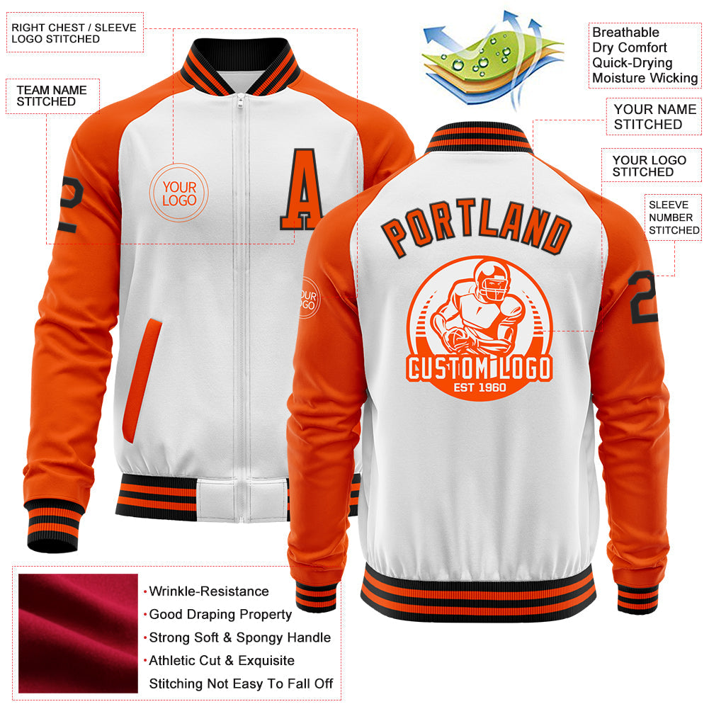 Custom White Black-Orange Bomber Varsity Letterman Two Tone Zipper Jacket view 4