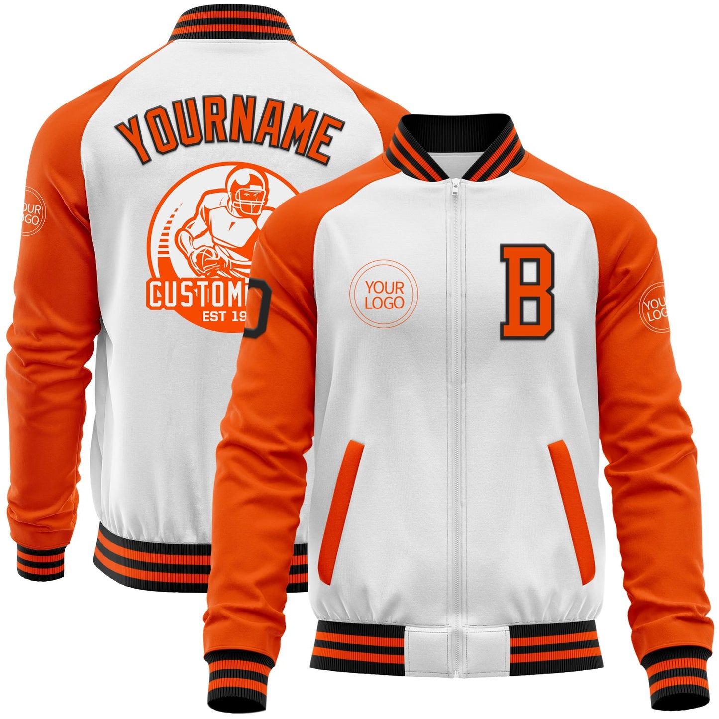 Custom White Black-Orange Bomber Varsity Letterman Two Tone Zipper Jacket - Main View