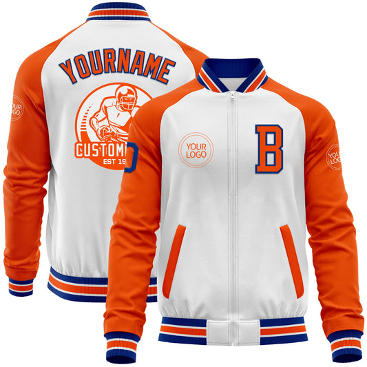 Custom White Royal-Orange Bomber Varsity Letterman Two Tone Zipper Jacket - Main View