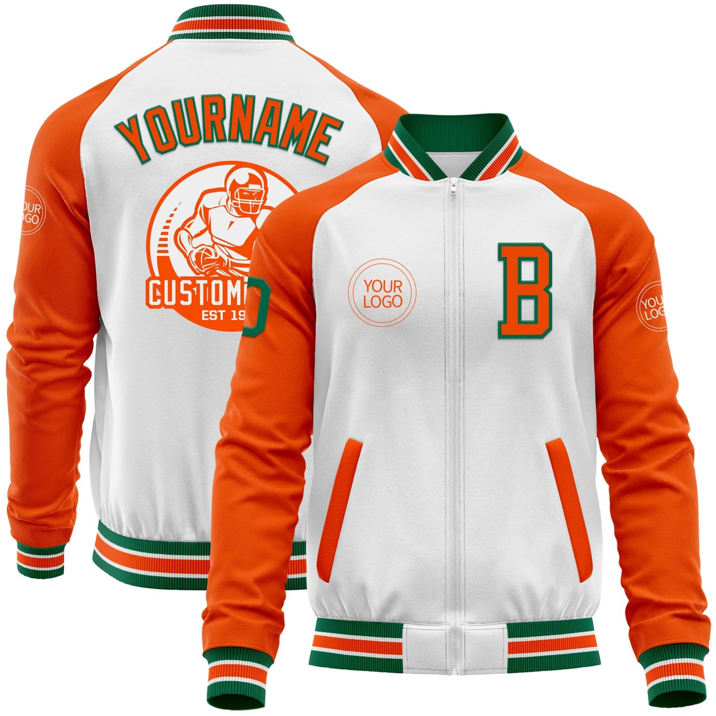 Custom White Kelly Green-Orange Bomber Varsity Letterman Two Tone Zipper Jacket - Main View