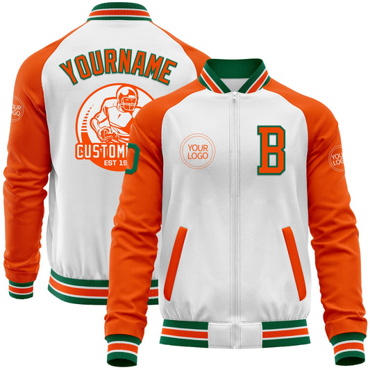 Custom White Kelly Green-Orange Bomber Varsity Letterman Two Tone Zipper Jacket - Main View