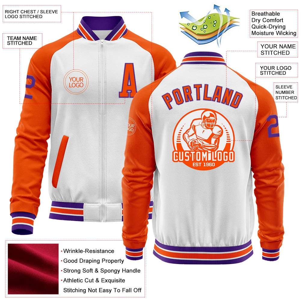 Custom White Purple-Orange Bomber Varsity Letterman Two Tone Zipper Jacket view 4
