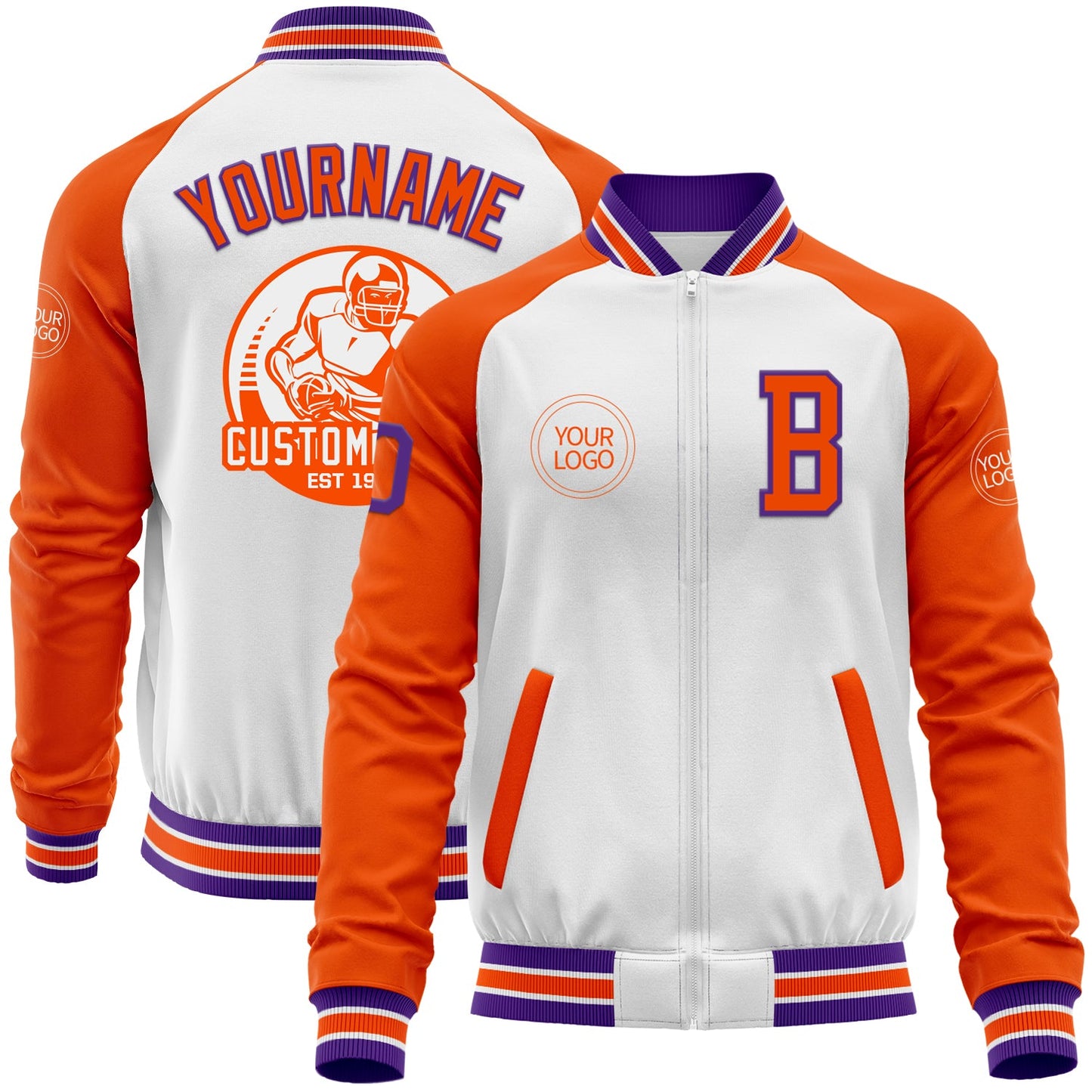 Custom White Purple-Orange Bomber Varsity Letterman Two Tone Zipper Jacket - Main View