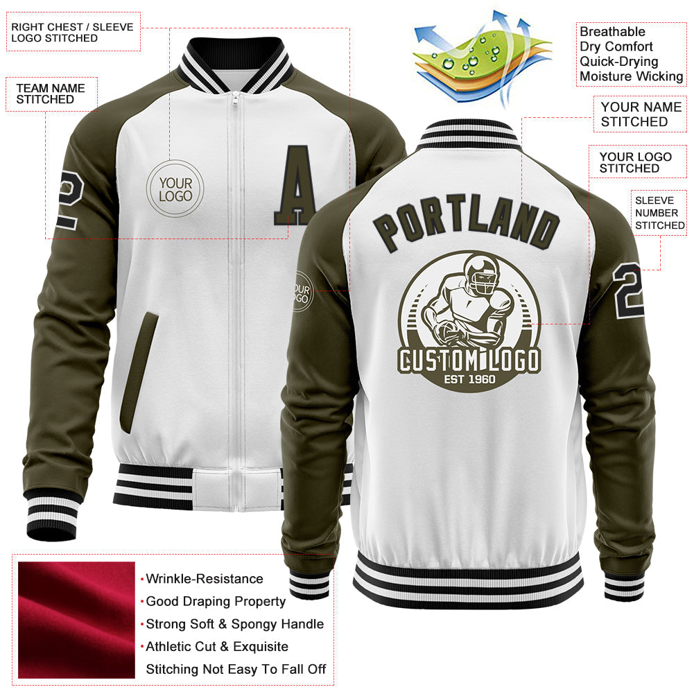 Custom White Black-Olive Bomber Varsity Letterman Two Tone Zipper Jacket view 4