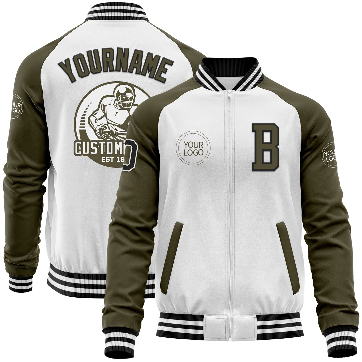 Custom White Black-Olive Bomber Varsity Letterman Two Tone Zipper Jacket - Main View