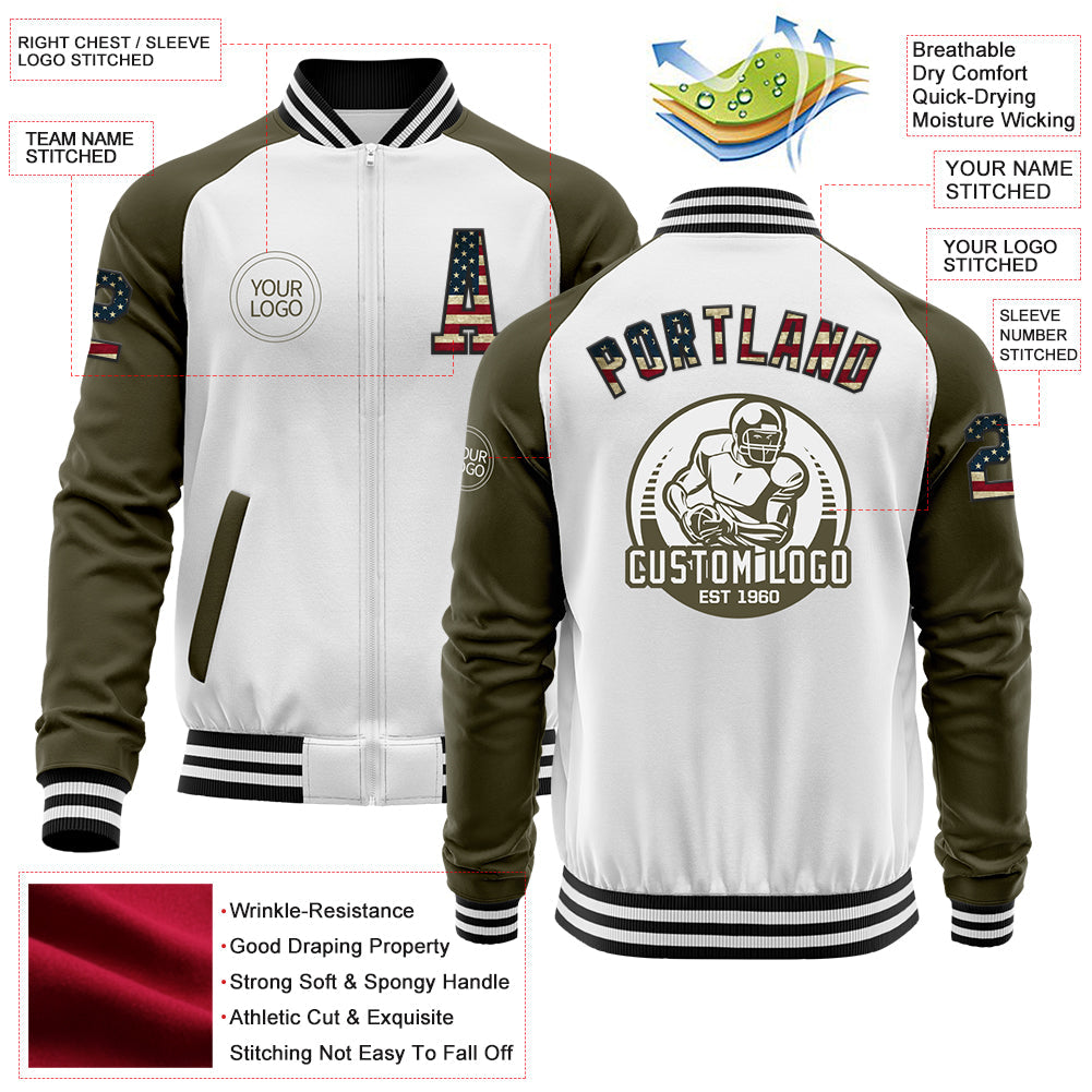 Custom White Vintage USA Flag Black-Olive Bomber Varsity Letterman Two Tone Zipper Jacket view 4