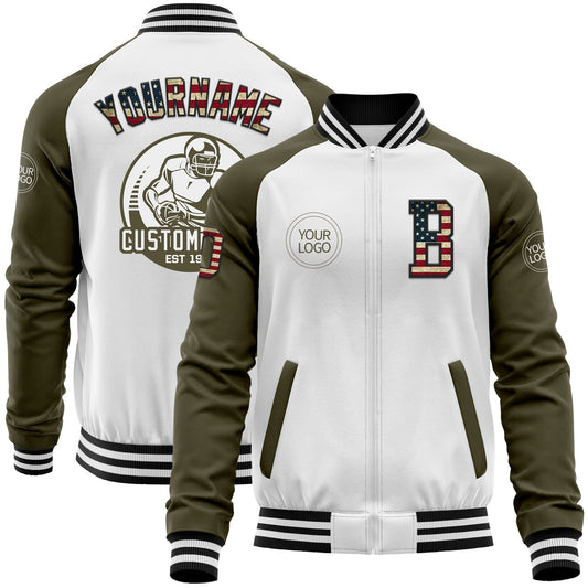 Custom White Vintage USA Flag Black-Olive Bomber Varsity Letterman Two Tone Zipper Jacket - Main View
