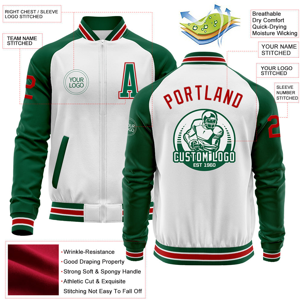 Custom White Red-Kelly Green Bomber Varsity Letterman Two Tone Zipper Jacket view 4