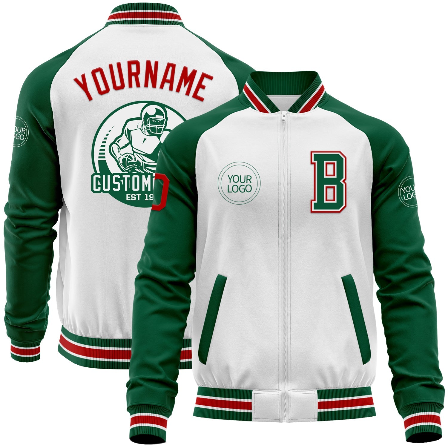 Custom White Red-Kelly Green Bomber Varsity Letterman Two Tone Zipper Jacket - Main View
