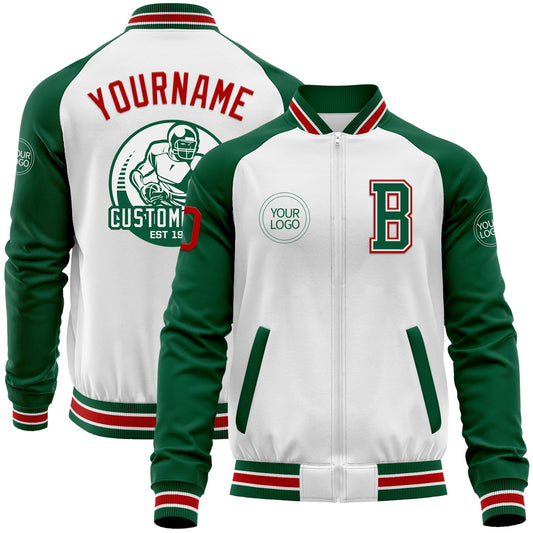 Custom White Red-Kelly Green Bomber Varsity Letterman Two Tone Zipper Jacket - Main View