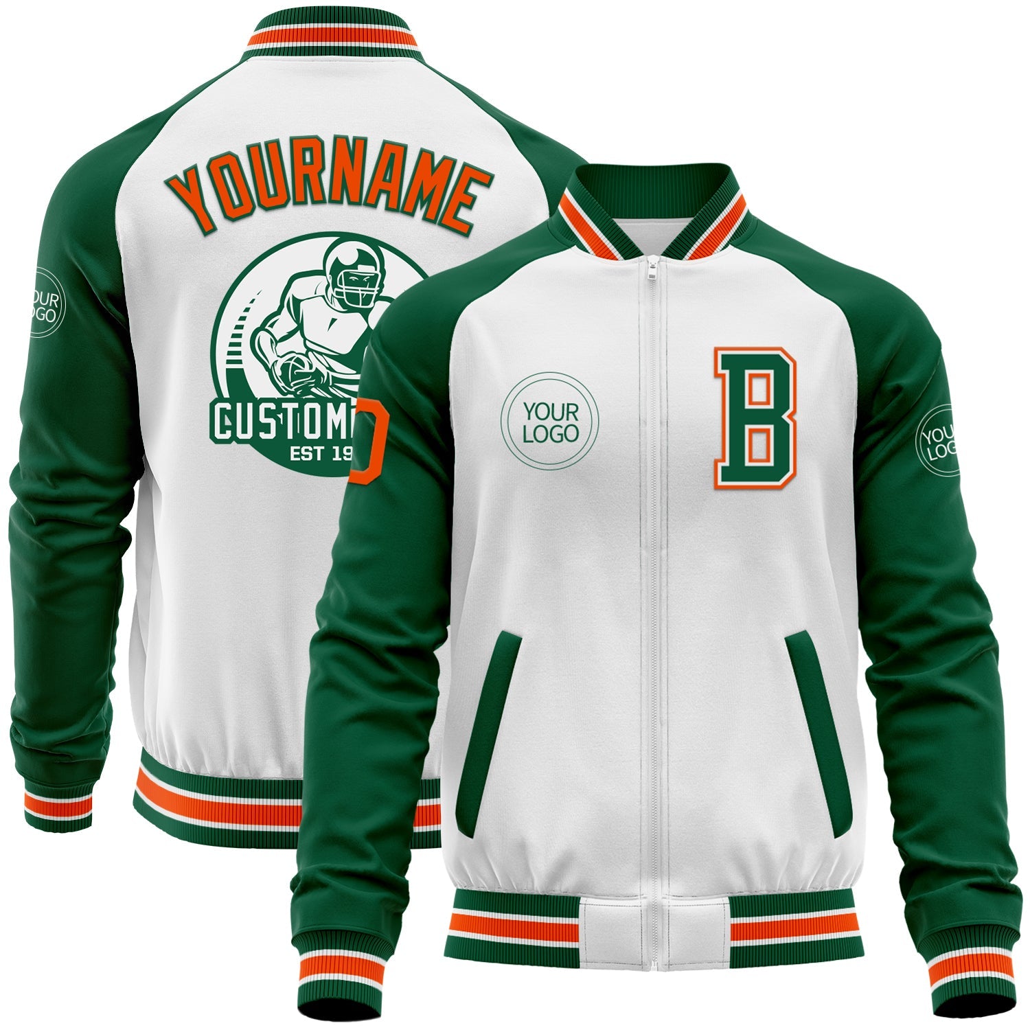 Custom White Orange-Kelly Green Bomber Varsity Letterman Two Tone Zipper Jacket - Main View