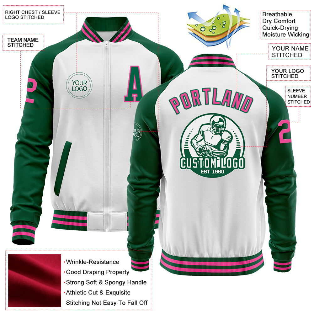 Custom White Pink-Kelly Green Bomber Varsity Letterman Two Tone Zipper Jacket view 4