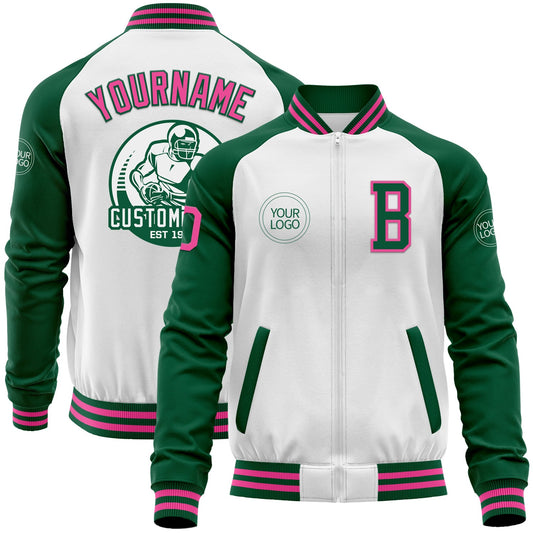 Custom White Pink-Kelly Green Bomber Varsity Letterman Two Tone Zipper Jacket - Main View