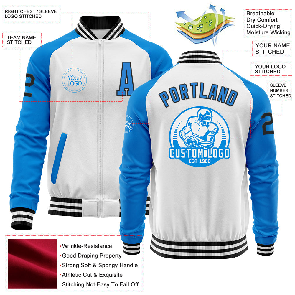 Custom White Black-Powder Blue Bomber Varsity Letterman Two Tone Zipper Jacket view 4