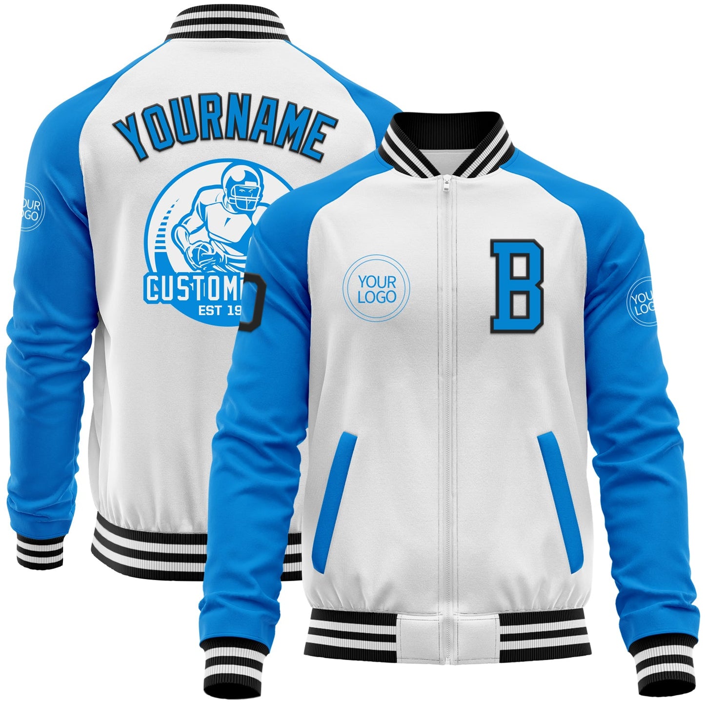Custom White Black-Powder Blue Bomber Varsity Letterman Two Tone Zipper Jacket - Main View