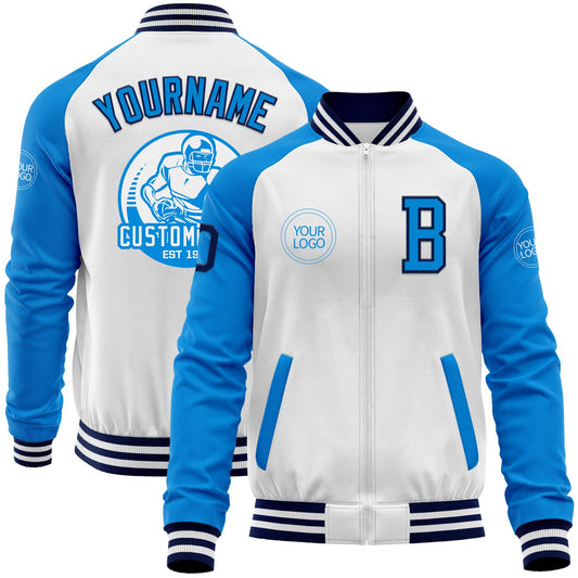 Custom White Navy-Powder Blue Bomber Varsity Letterman Two Tone Zipper Jacket - Main View