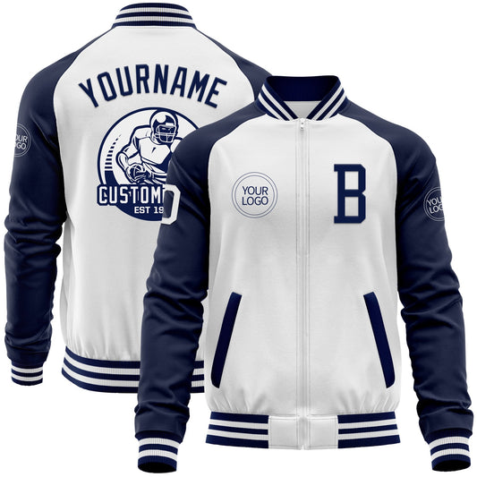 Custom White Navy Bomber Varsity Letterman Two Tone Zipper Jacket - Main View