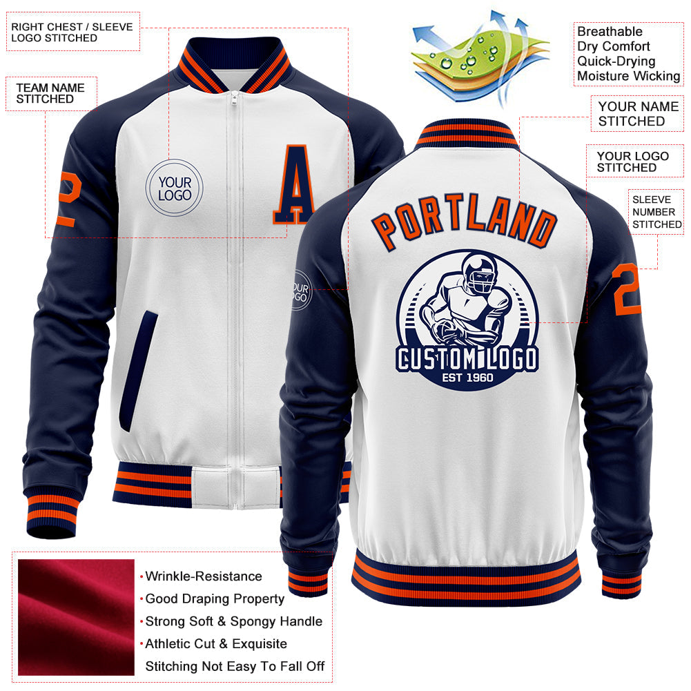 Custom White Orange-Navy Bomber Varsity Letterman Two Tone Zipper Jacket view 4