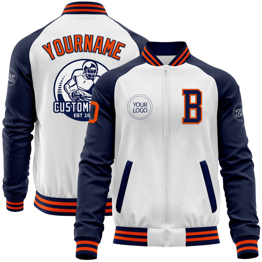 Custom White Orange-Navy Bomber Varsity Letterman Two Tone Zipper Jacket - Main View