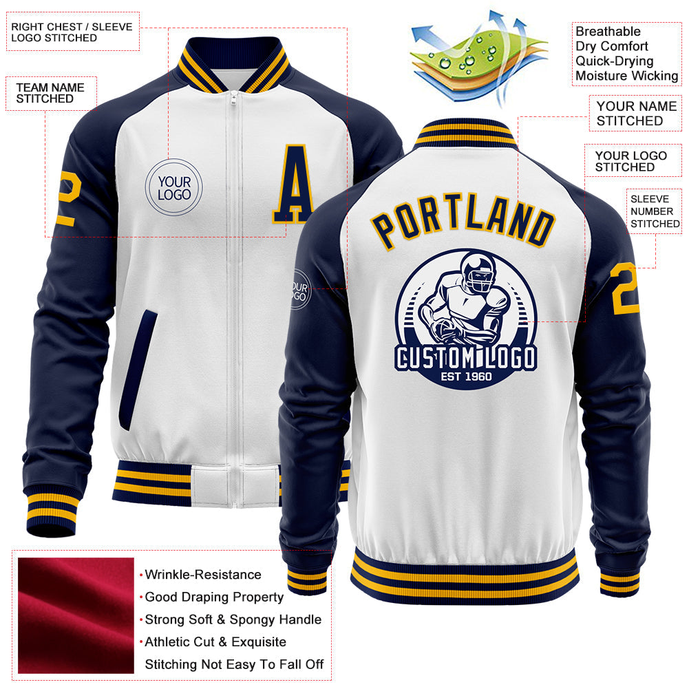 Custom White Gold-Navy Bomber Varsity Letterman Two Tone Zipper Jacket view 4