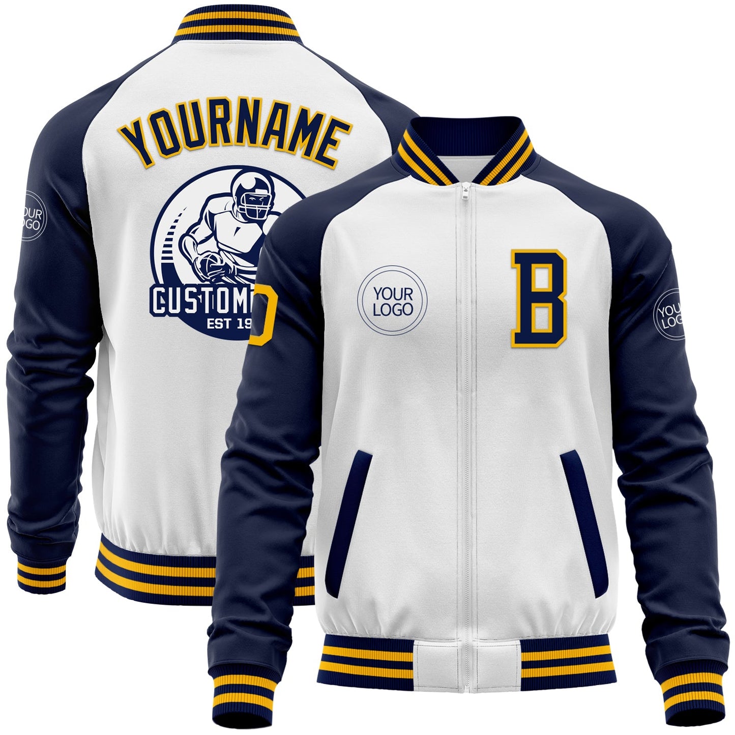 Custom White Gold-Navy Bomber Varsity Letterman Two Tone Zipper Jacket - Main View