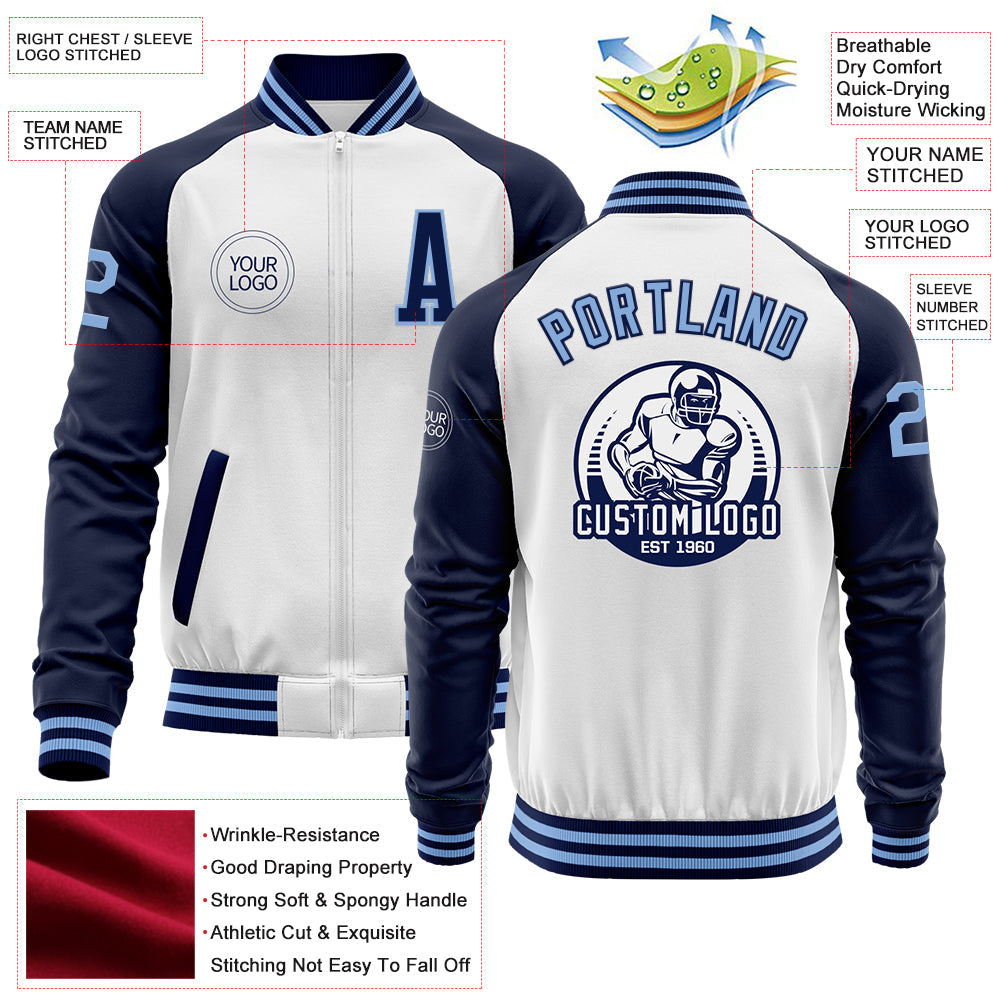 Custom White Light Blue-Navy Bomber Varsity Letterman Two Tone Zipper Jacket view 4