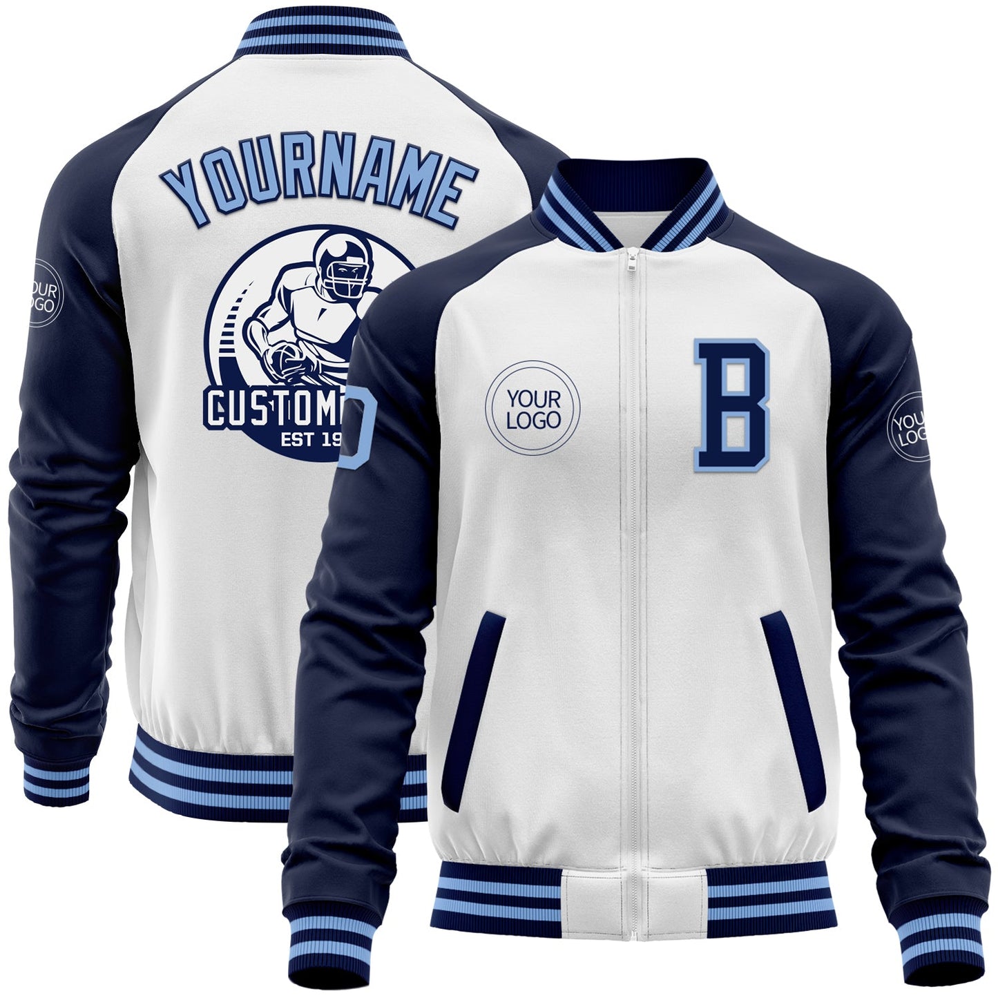 Custom White Light Blue-Navy Bomber Varsity Letterman Two Tone Zipper Jacket - Main View