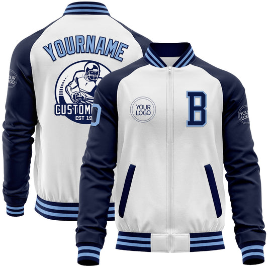 Custom White Light Blue-Navy Bomber Varsity Letterman Two Tone Zipper Jacket - Main View