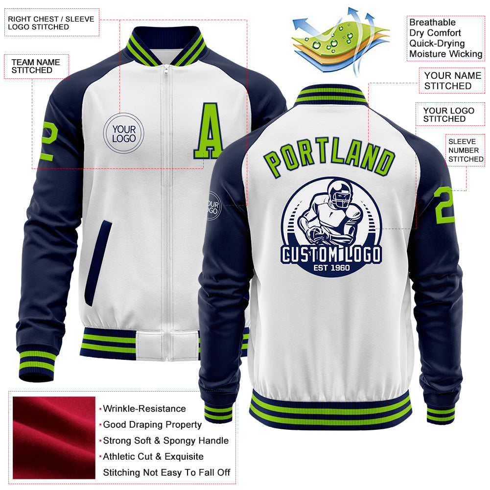 Custom White Neon Green-Navy Bomber Varsity Letterman Two Tone Zipper Jacket view 4