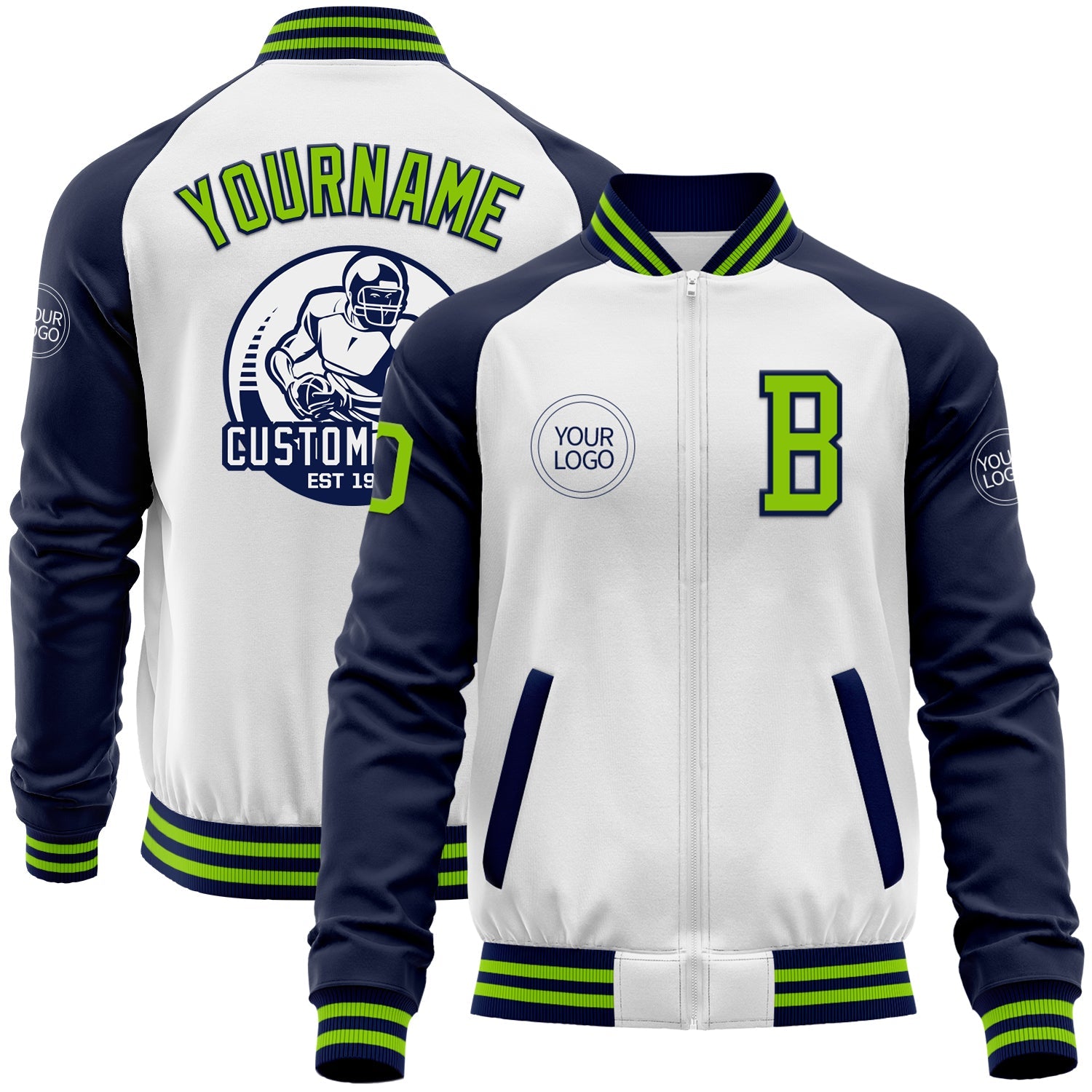 Custom White Neon Green-Navy Bomber Varsity Letterman Two Tone Zipper Jacket - Main View