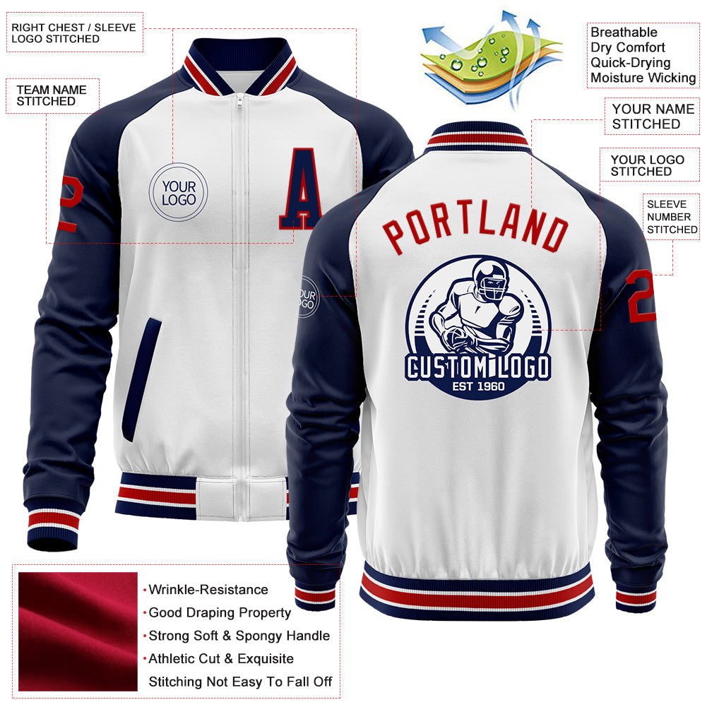 Custom White Red-Navy Bomber Varsity Letterman Two Tone Zipper Jacket view 4