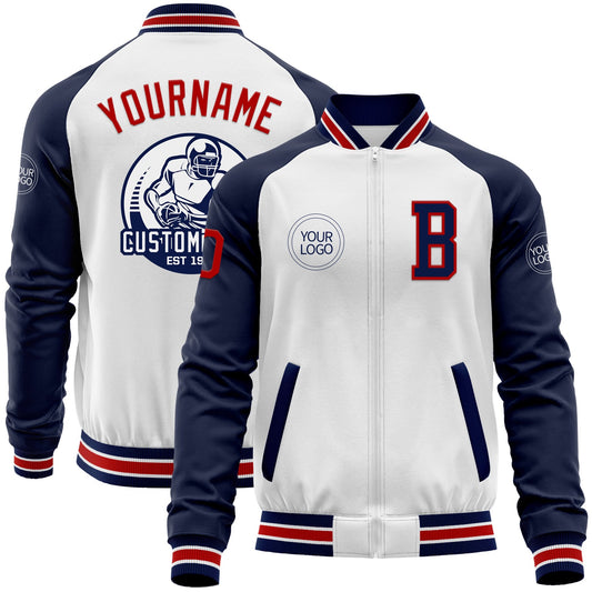 Custom White Red-Navy Bomber Varsity Letterman Two Tone Zipper Jacket - Main View