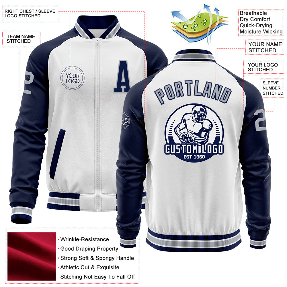 Custom White Gray-Navy Bomber Varsity Letterman Two Tone Zipper Jacket view 4