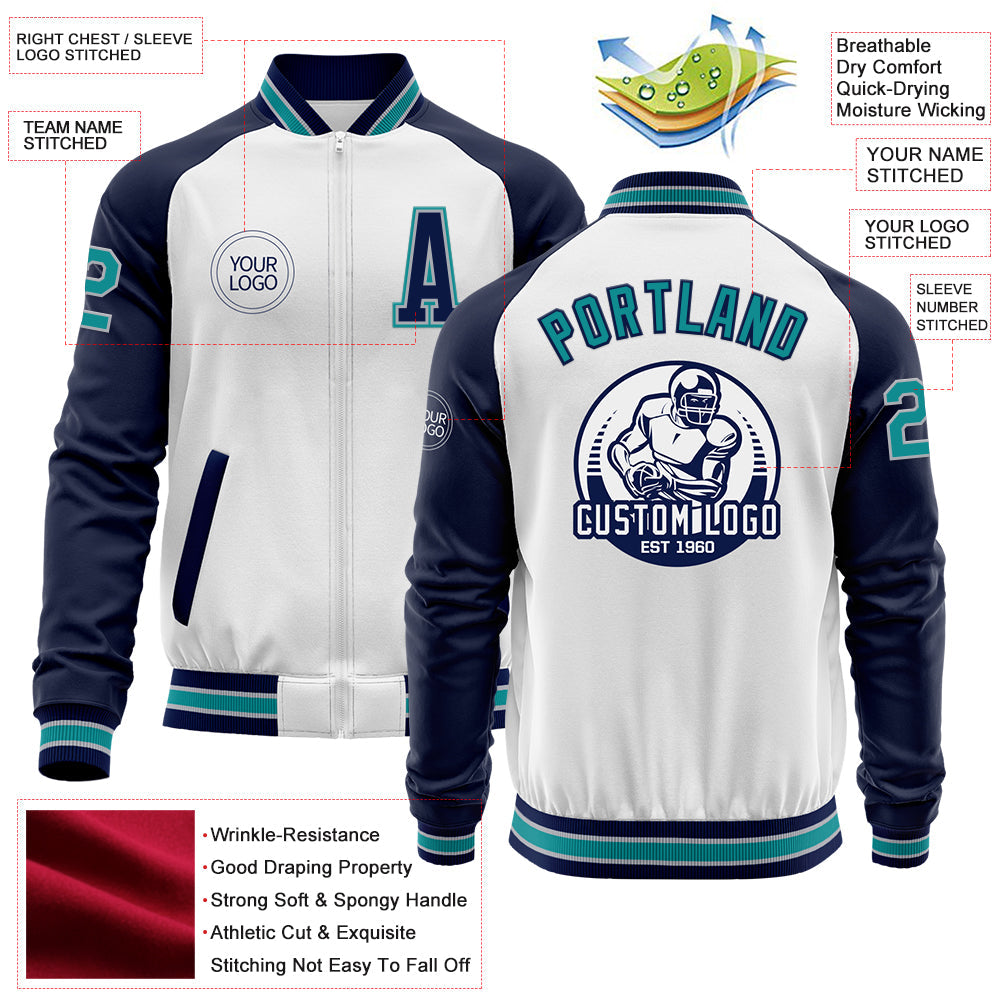 Custom White Teal Gray-Navy Bomber Varsity Letterman Two Tone Zipper Jacket view 4