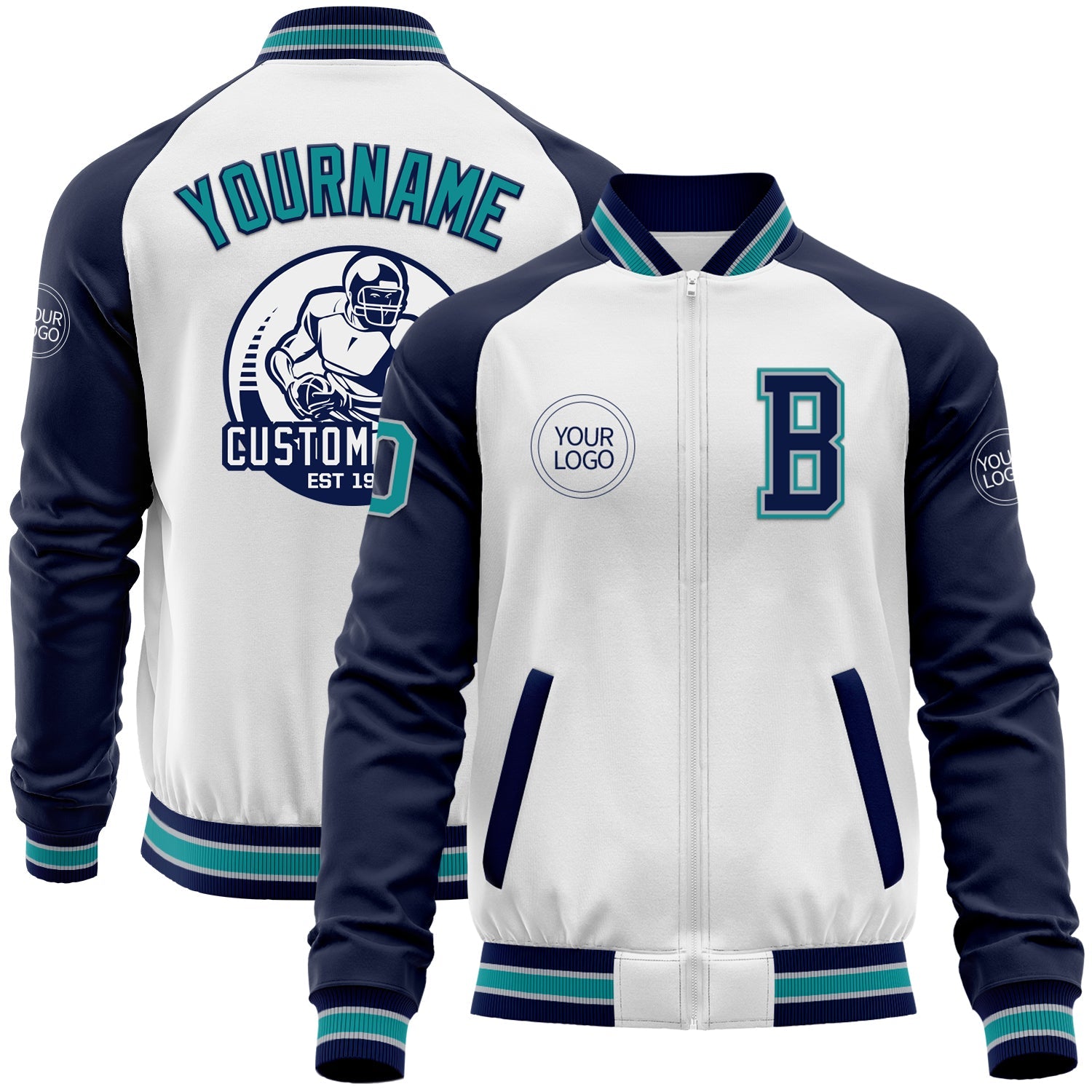 Custom White Teal Gray-Navy Bomber Varsity Letterman Two Tone Zipper Jacket - Main View