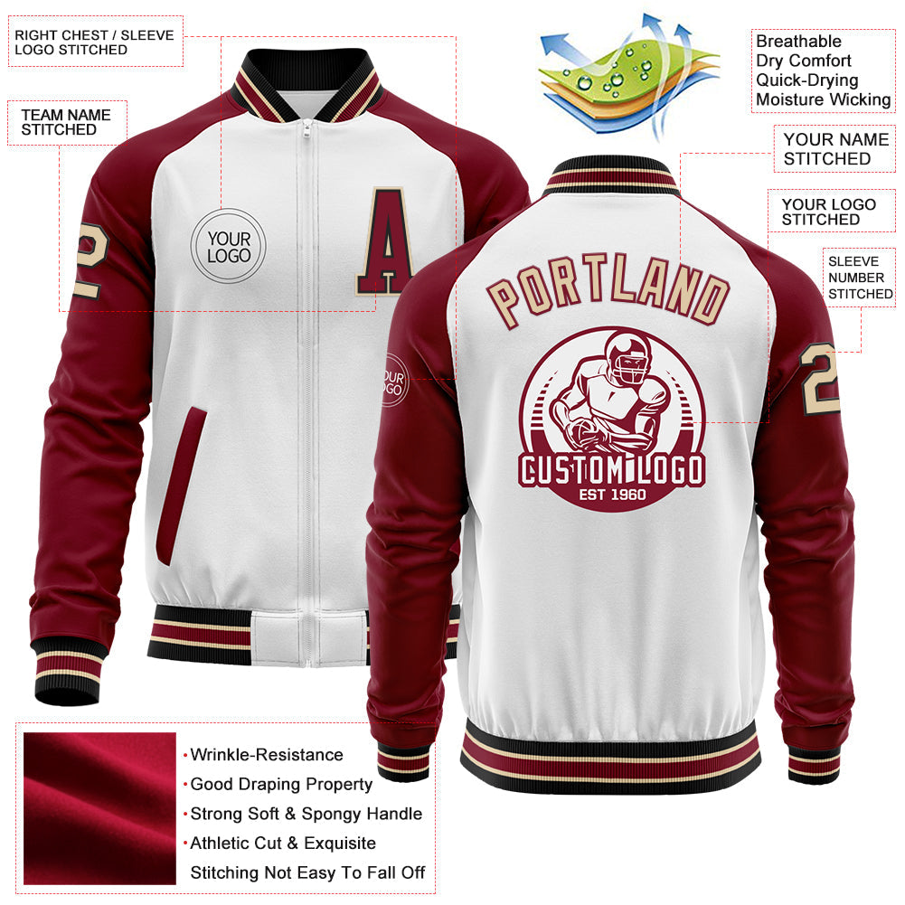 Custom White City Cream Black-Crimson Bomber Varsity Letterman Two Tone Zipper Jacket view 4