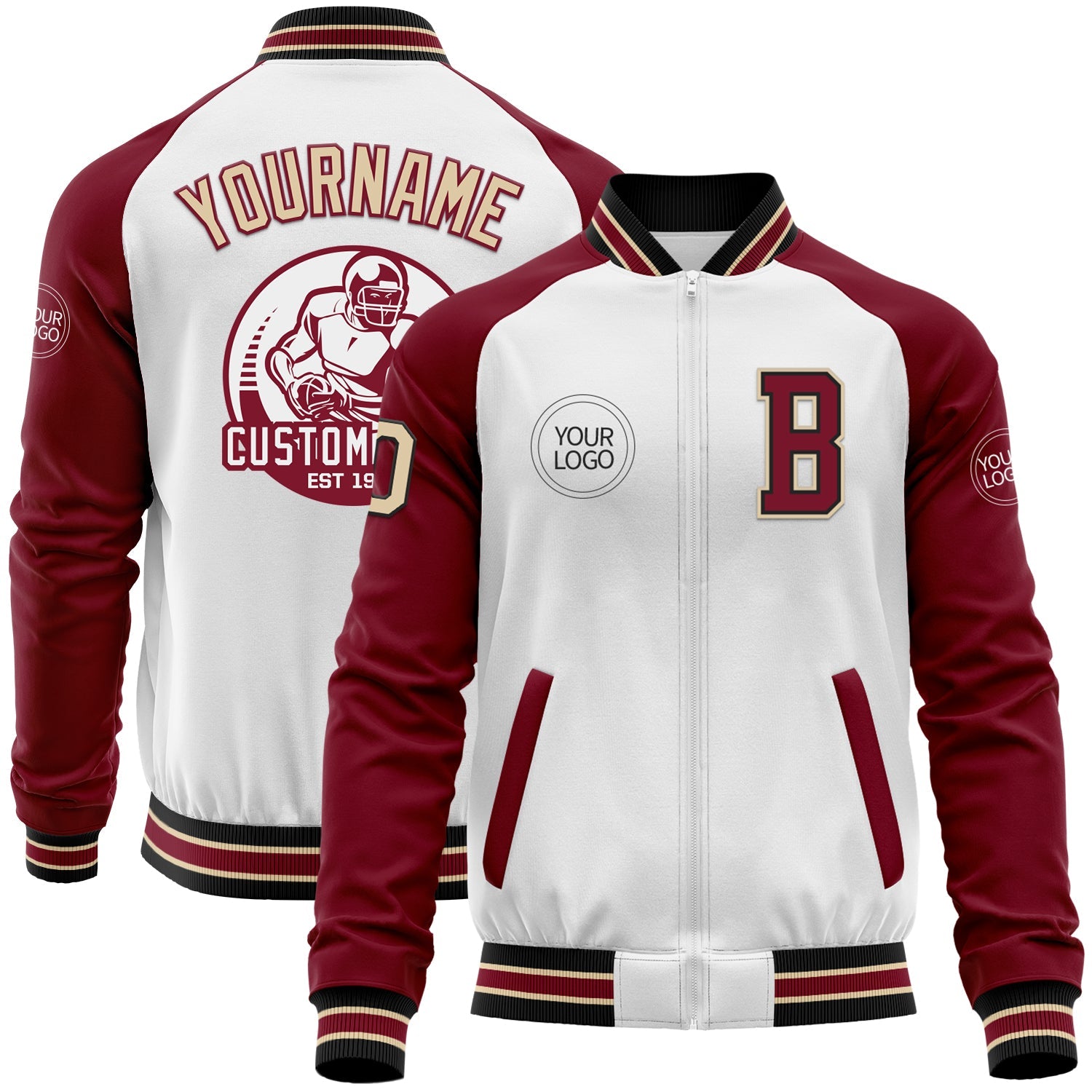 Custom White City Cream Black-Crimson Bomber Varsity Letterman Two Tone Zipper Jacket - Main View