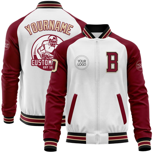 Custom White City Cream Black-Crimson Bomber Varsity Letterman Two Tone Zipper Jacket - Main View