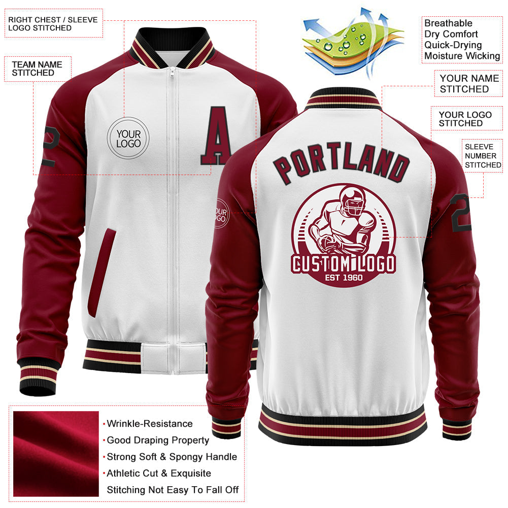 Custom White Black Crimson-City Cream Bomber Varsity Letterman Two Tone Zipper Jacket view 4